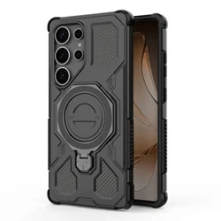 Invisible Stand Phone Case with 360° Rotatable Magnetic Ring Holder - Shockproof PC+TPU Cover - Galaxy S25 Ultra (Black)