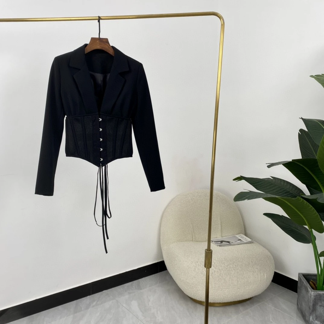 Black White 2024 New Design Sexy Notched Hollow Out Mesh Fishbone Straps Delicate Lace Women Spring Summer Blazer