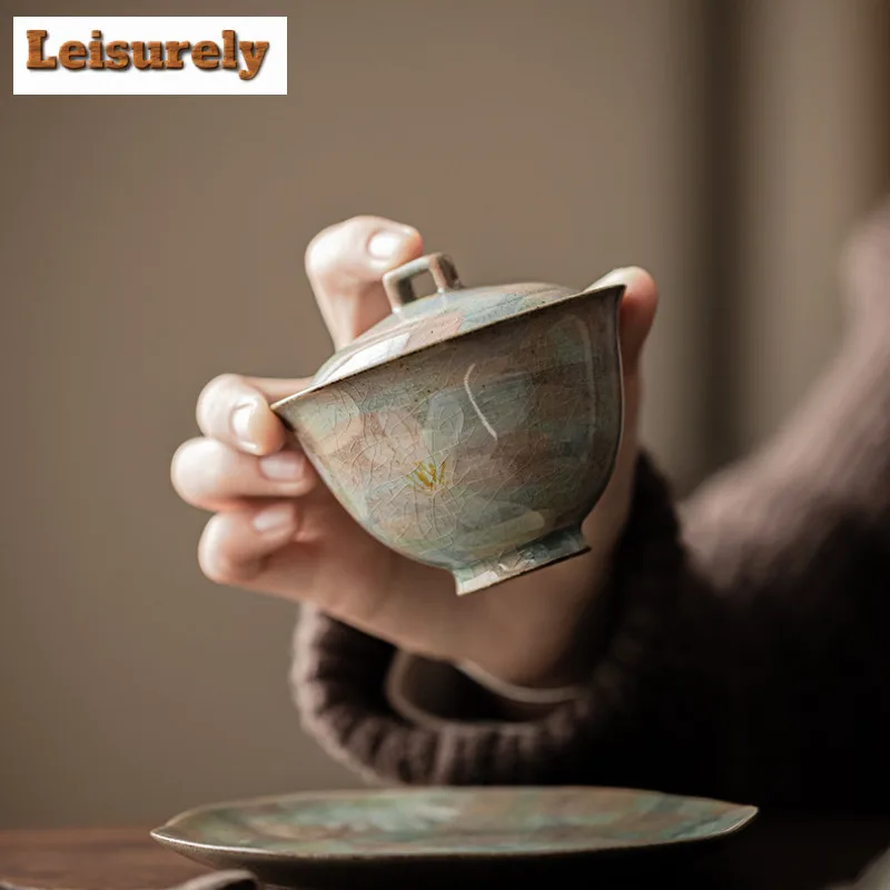 100ML Ice Crack Glaze Gaiwan Japanese Hand Drawn Daisy Tea Tureen Tea Bowl With Lid Kit Tea Brewing Cover Bowl Drinkware Gifts