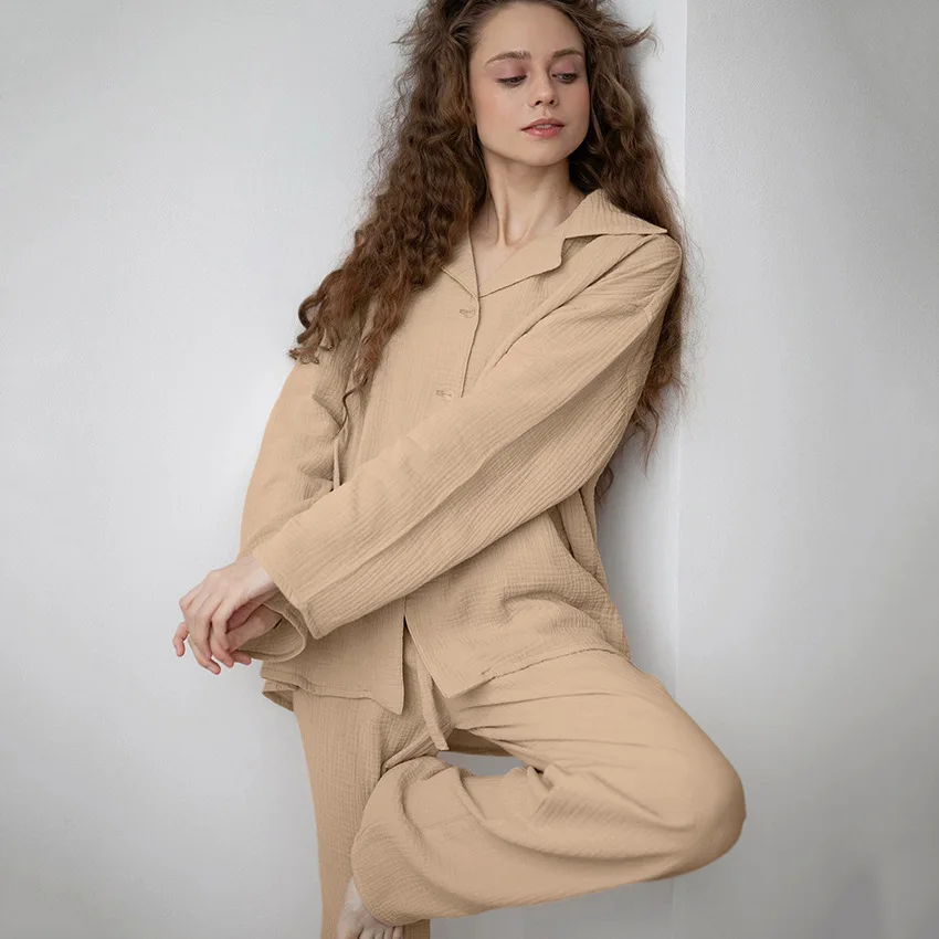 

Cotton Women's Home Clothes 2 Piece Sets Khaki Long Sleeve Sleepwear Female Casual Trouser Suits Loose Pajamas Spring