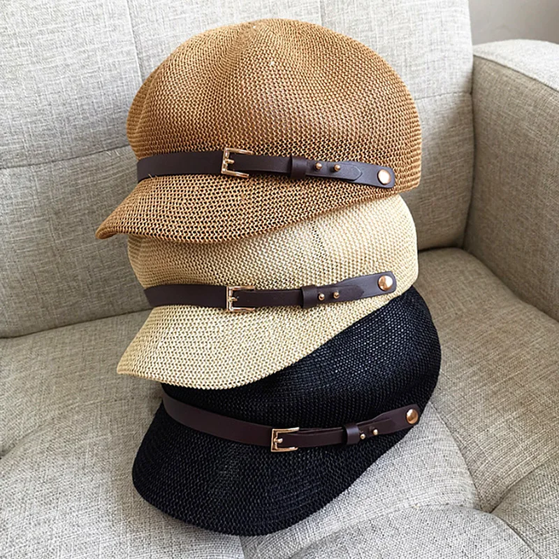 

Шляпа Соломенная женская восьмиугольная, тонкая кепка газетчика художника, вязаный берет с регулируемой веревкой, дышащая пляжная соломенная шляпа, 1 шт., на лето