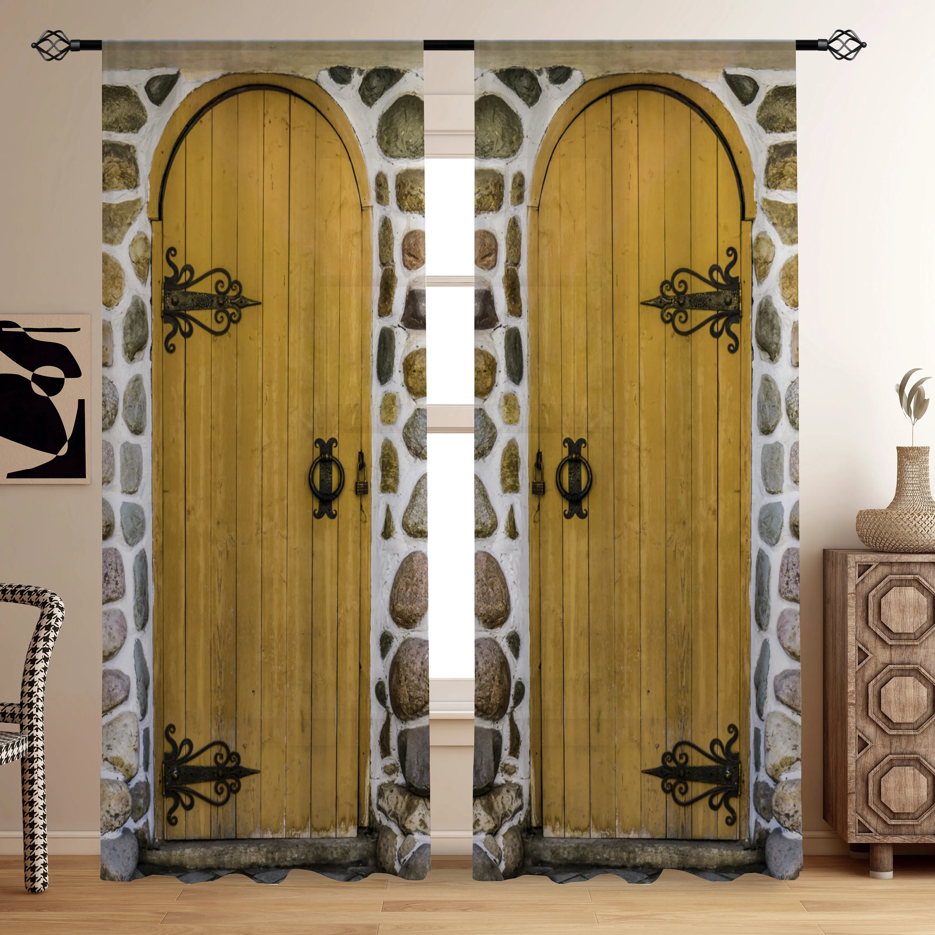 

2pcs Rustic Window Curtain Old Wooden Barn Door Pattern Farmhouse Countryside Village Rural Print Curtain For Kitchen BedRoom