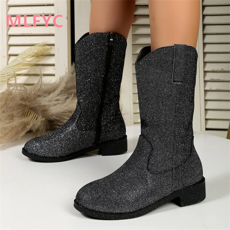 Autumn and Winter New European and American Women's Shoes Low Heel Sequins Fashion Network Red Mid Sleeve Boots for Women
