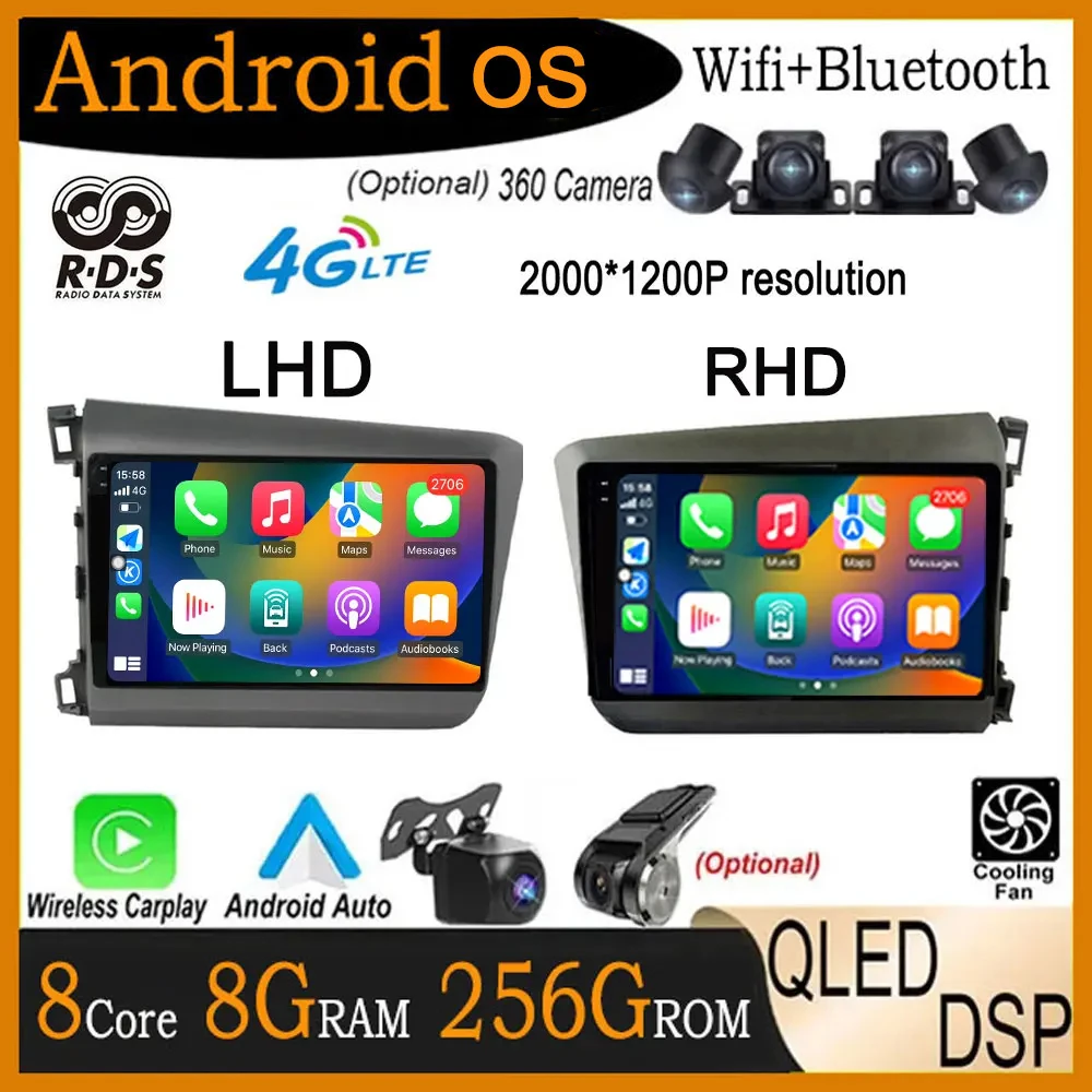 

Автомобильная навигация 9 lnch для Honda Civic 2012 2013 2014 2015 Android 14, стерео радио Carplay DSP плеер, видео, мультимедийный экран