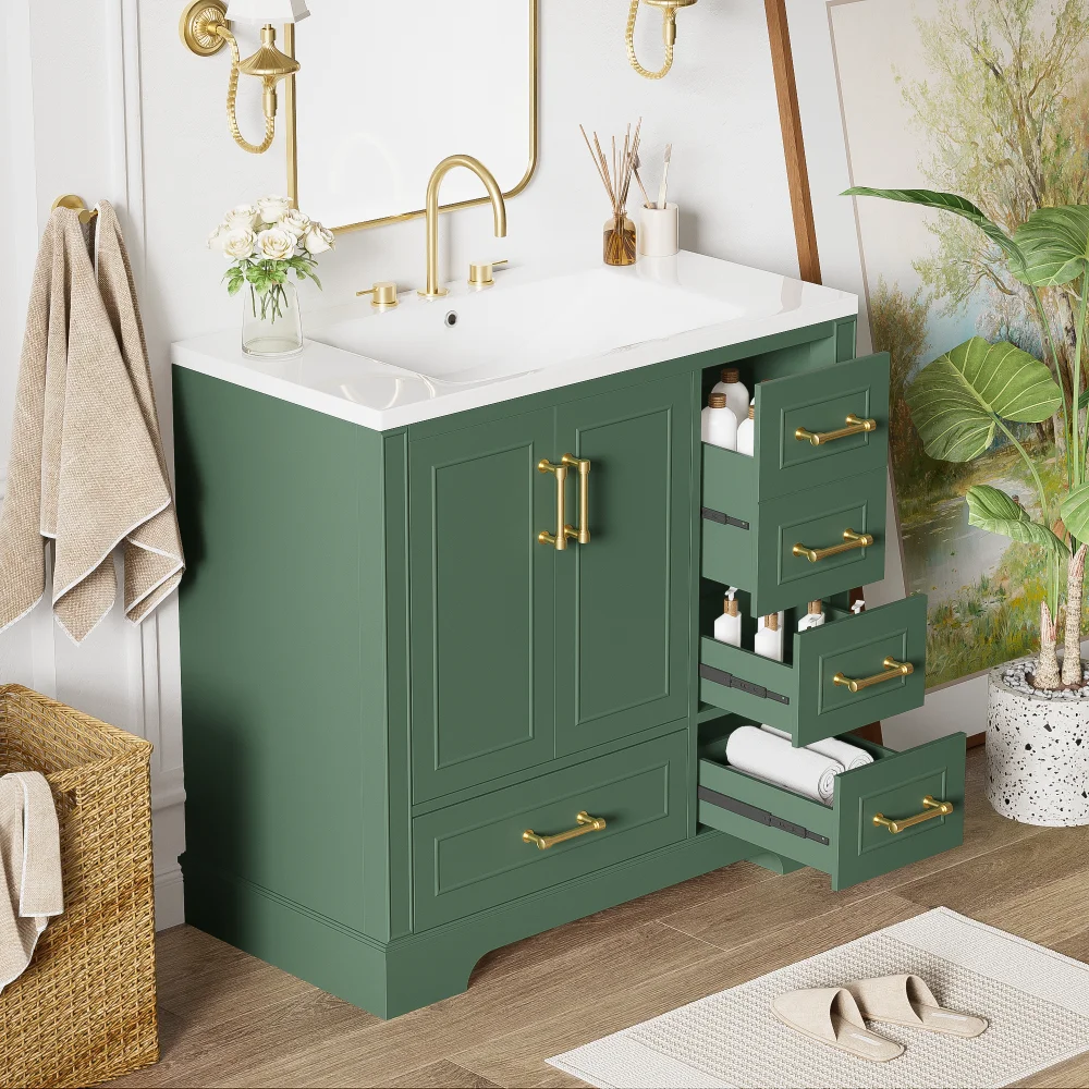 36 Inch Traditional Bathroom Vanity with Resin Sink Combo Set, Blue Bathroom Cabinet with Two Doors and Four Drawers 4