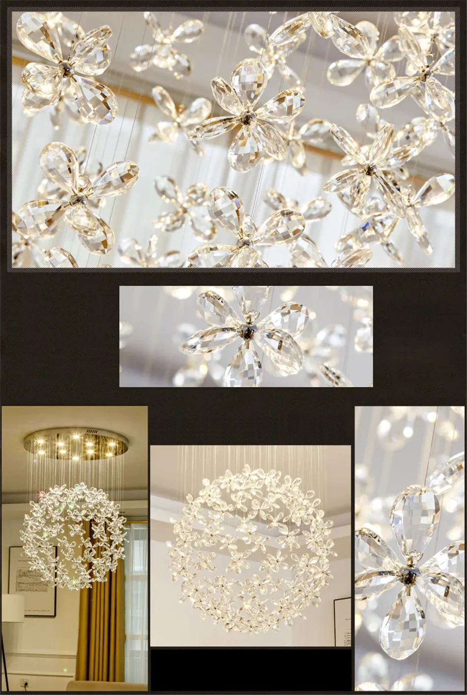 Description Picture 6 of itemModern minimalist living room crystal chandelier K9 circular flower ball luxury LED light bedroom stairs ceiling pendant lamp