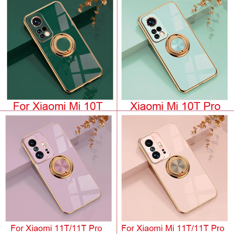 Luxury Plating Silicone Case For Xiaomi Mi 11T 10T Pro 10Pro 10Lite 11Pro Full Protective Magnetic Covers With Ring Holder Stand samsung flip3 case