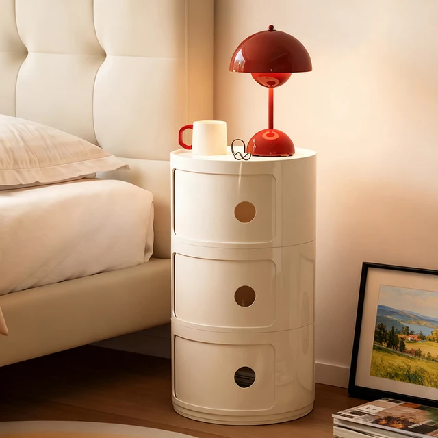 Table de chevet ronde en plastique avec tiroirs, boîte de rangement pratique, armoire de chevet, décor Chic pour chambre à coucher et salon 1