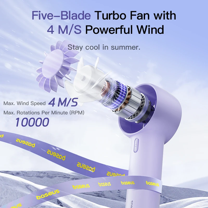 Baseus GoTrip DT1 Mini-Turbinenventilator, tragbar, 3 Geschwindigkeitsstufen, 1200 mAh Akku, wiederaufladbar, für Schreibtisch, Outdoor-Camping_voghion.com