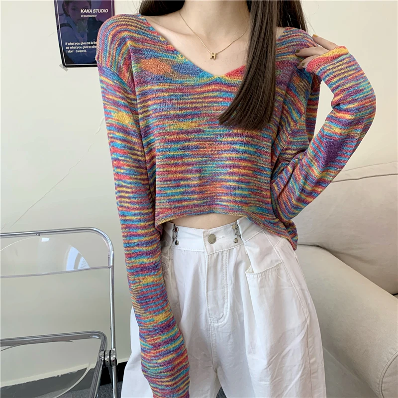 

Rainbow Striped Knitted Sweater Women V-Neck Thin Cropped Tops Vintage Sexy Knitwear Casual Loose Long Sleeve Jumpers Streetwear