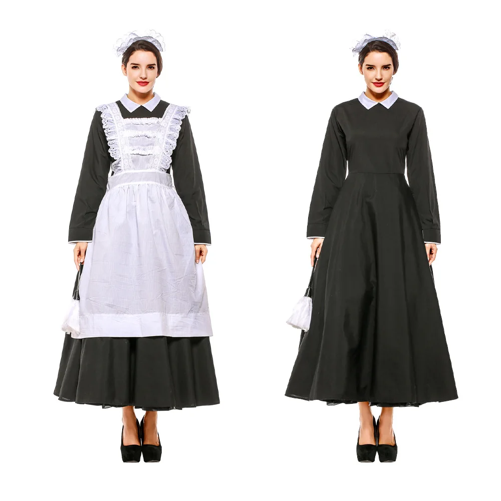 VictorianMaidCosplayCostumeWomenServantFestivalCottonDressHousekeeperApronOutfits