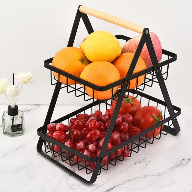 2 Tier Fruit Basket,Portable Fruit Bowle Basket for Kitchen Organizer Storage Detachable Metal Rectangle Basket with Wood Handle 2