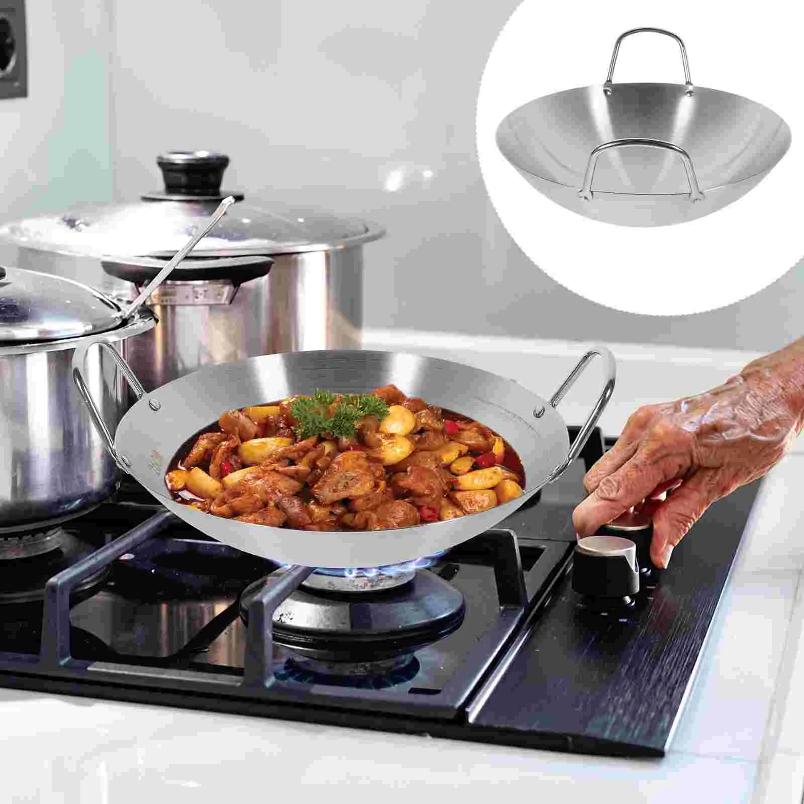Stainless Steel Wok frying pan cast iron wok iron wok Cookware Hot Pot Cooking Pan Kitchen Gadget with Two Handle Frying Soup Accessories Work