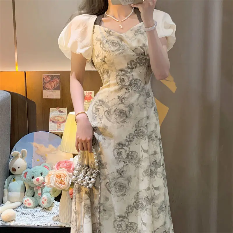 

Advanced Rose Floral Long Dress Female 2023 Summer French Vintage Gentle Wind Temperament Dress Office Lady Casual Party Dresses