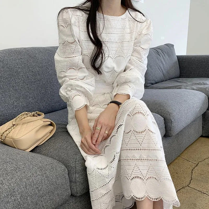

A-Line Lace Embroidery Solid White Vintage High Waist Elegant Dress Women Long Sleeve Woman Dresses 2022 Spring Luxury Autumn