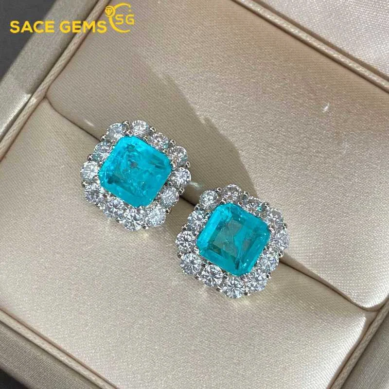 Sace Gems Vintage 100% 925 Sterling Silver 7*7Mm Paraiba Tormalina Gemstone Ear Studs Orecchini Ladies Fine Jewelry Wholesale