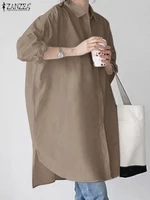 ZANZEA Summer Women Fashion Blouse Lapel Neck Long Sleeve Shirt Femme Casual Loose Work OL Tops Tunic Oversized Solid Blusas - Image 2