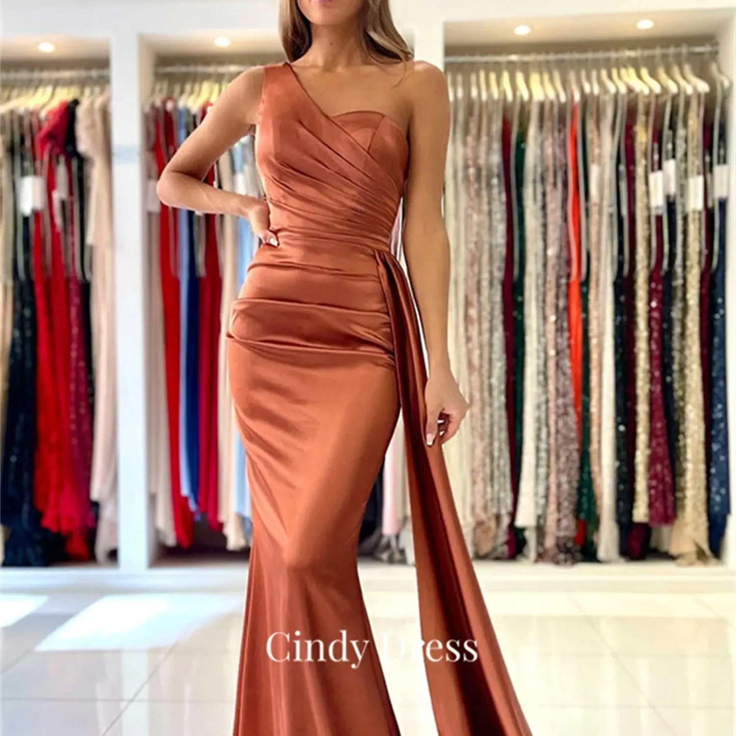 

Cindy Satin Mermaid Long Wagging Tail One Shoulder Brown Elegant and Pretty Women's Dresses Ball Gowns Party Dress Luxury Formal