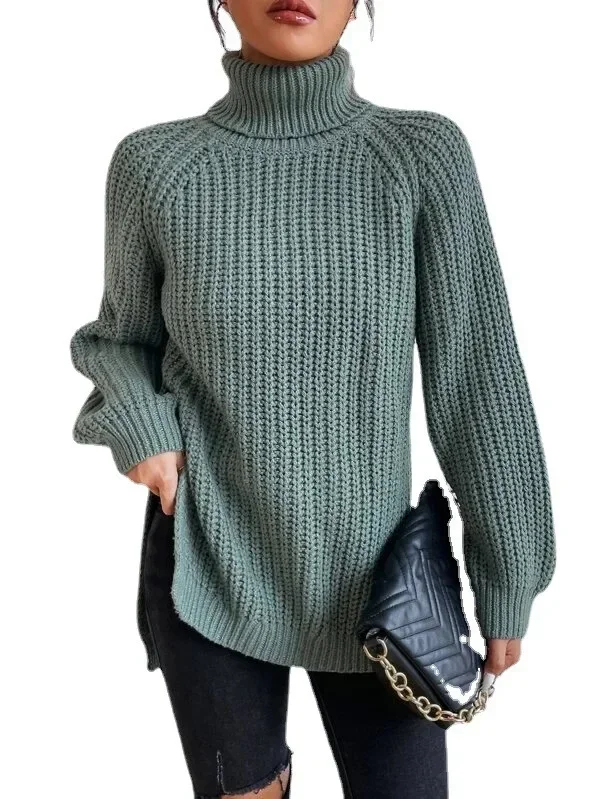 トップス NKNIT 2way high neck KNIT Long Sleeve Turtleneck Casual Solid Color Polyester Two
