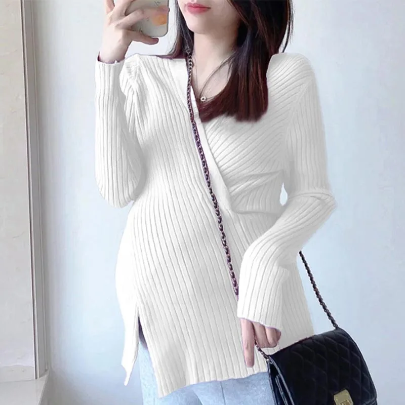 Maternity Sweater Autumn Winter Knitted Sweaters Loose A Line Splits Shirt Clothes for Pregnant Women Postpartum Pregnancy Tops