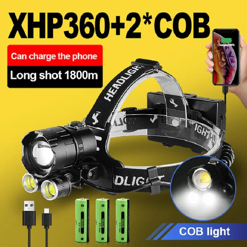 強力ヘッドライトLED xhp360 超高出力 XHP360 ヘッドランプ強力な釣り COB ヘッド懐中電灯超高輝度
