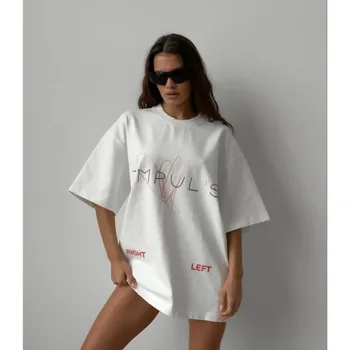 Ins 2026 Summer Cotton Women's T-shirts Printed Line & Letter Casual Cheap Fashion Clothes For Women Daily Office Date Study Top