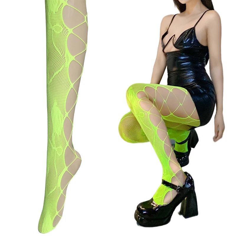 Sommer Mode Frauen Farbige Blumenmuster Neon Grün Netz Strumpfhosen Fishnet Strumpfhosen Bein Seite Hohl Strumpfhosen Damen Nylon Strumpfhosen