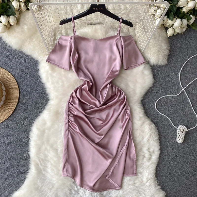 

Платье Foamlina женское атласное, пикантное платье на бретелях-спагетти, с открытыми плечами, с коротким рукавом, со складками, с Боковым Разрезом, до колена, лето