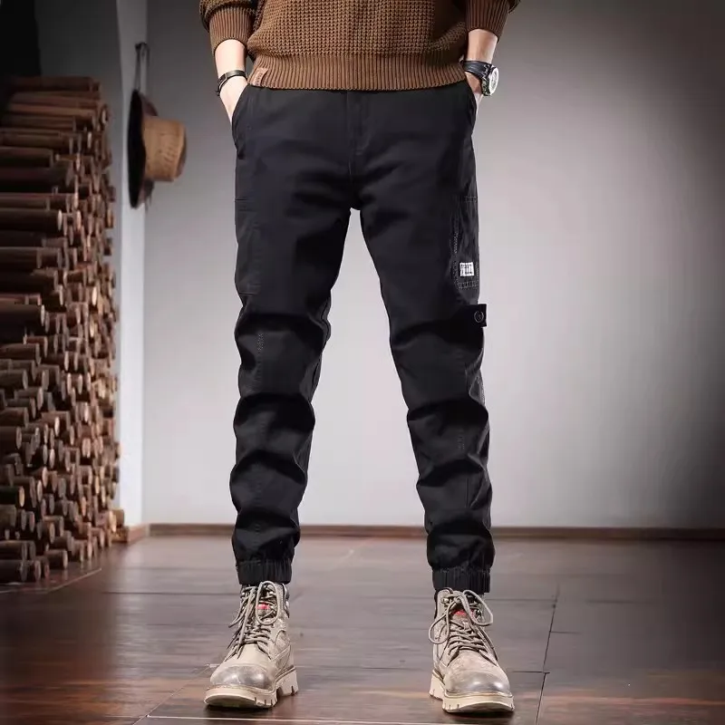 Autumn Khaki Cotton Casual Pants Men Fashion Korean Style Slim Fit Elastic Waist Trousers