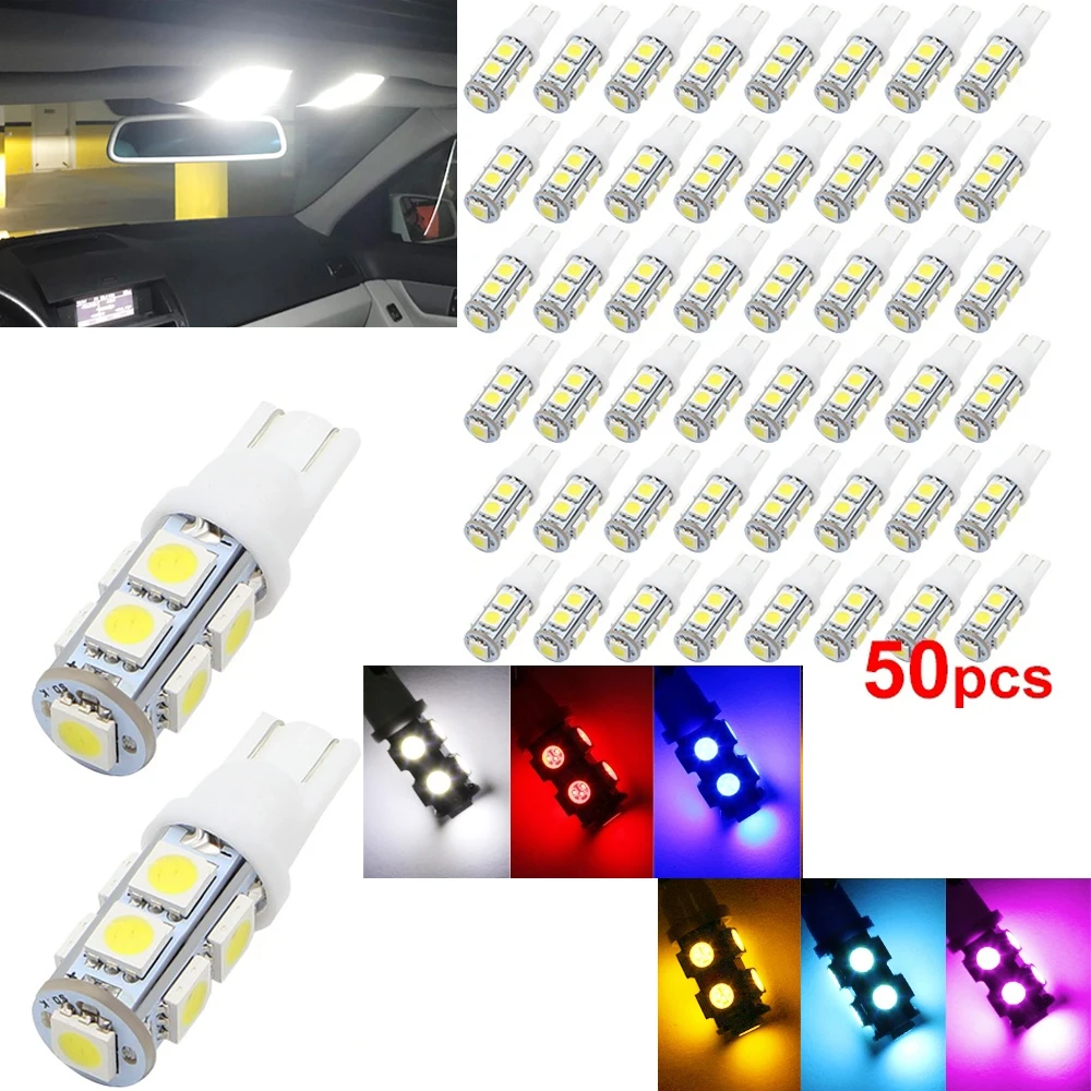 자동차 돔 독서 트렁크 조명, 168 LED 전구, 5050 9 SMD, 화이트, 레드, 옐로우, 아이스, 블루, 핑크, W5W, T10, 50 개