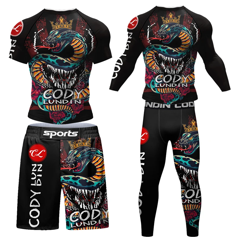Sports apparel Mens T-shirt + Pant Set Muay Thai Shorts Suit Bjj Rashguard For Men Adults Gym Competition Sport Training Combat Wear
