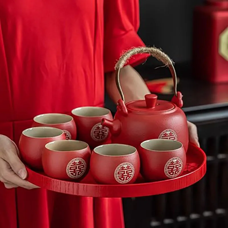 Chinese Style Ceramic Filter Tea Pot Set, Household Tea Pot and Cup Set, Red Teaware Gifts, Wedding, A Pot of Eight Cups