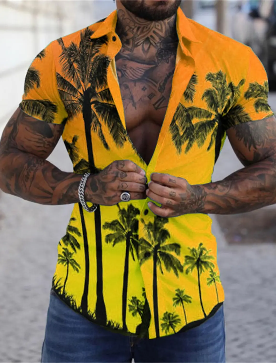 

Мужская гавайская рубашка с рисунком алохи, Повседневная Уличная одежда с отложным 3D-принтом, короткими рукавами и пуговицами, пляжная одежда с пальмами