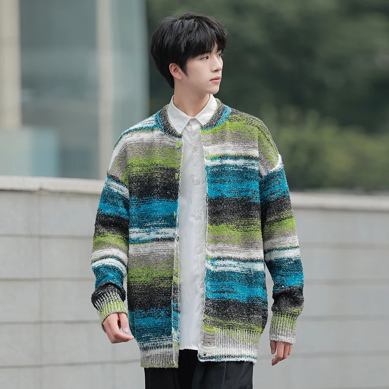 цена Men's Spring Multicolor Cardigan Crewneck Knitted Long-sleeved Versatile Cardigan Casual Men's Skin-friendly Cardigan