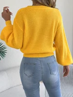 Women's Solid Color Round Neck Lantern Long Sleeve Knitted Sweaters for 2025 Autumn Winter Clothes Yellow Red Khaki - Image 2