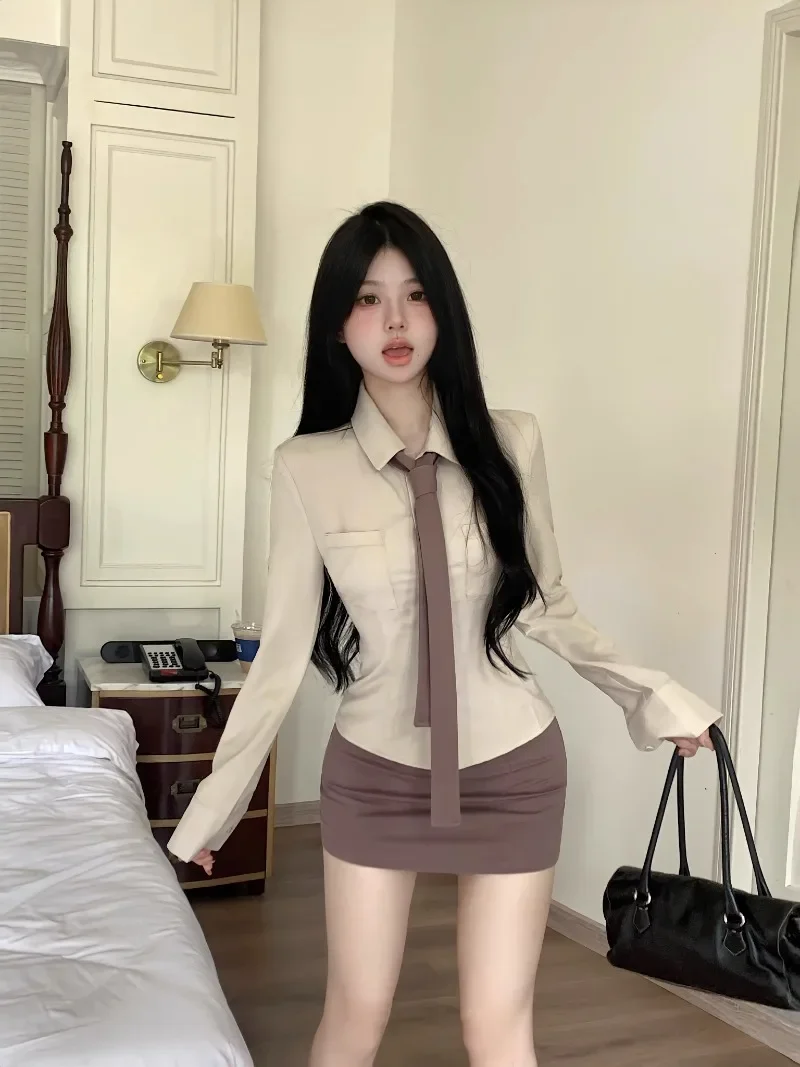 

American Pure Sexy Suit Women's Autumn Slim Fit Shirt Tie High Waist Wrap Hip Short Skirt Two-piece Set Fashion Female Clothes
