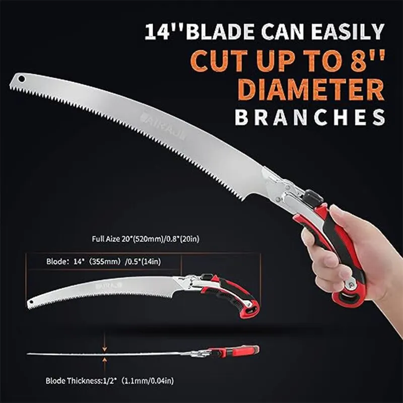 AIRAJ Pruning Saw with Scabbard Safety Sheath,52CM/20 Inch Gardening Pruning Saw,SK5 Steel Curved Blade,Safe & Secure Blade Lock 6