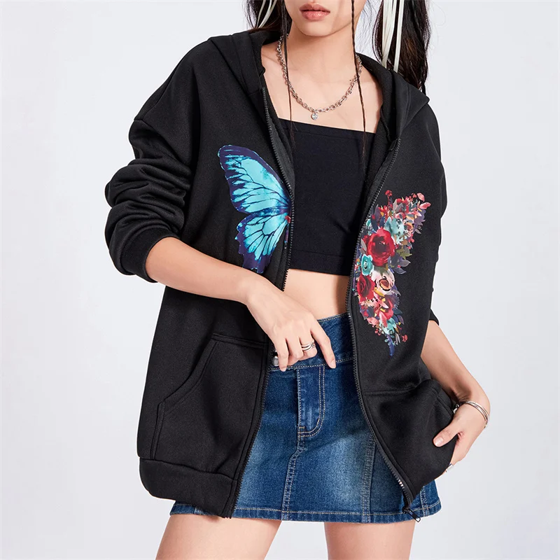 

Женские свободные свитшоты на осень и зиму, пальто, толстовки с длинным рукавом и цветочным принтом бабочки, на молнии, топы, модная повседневная Уличная одежда