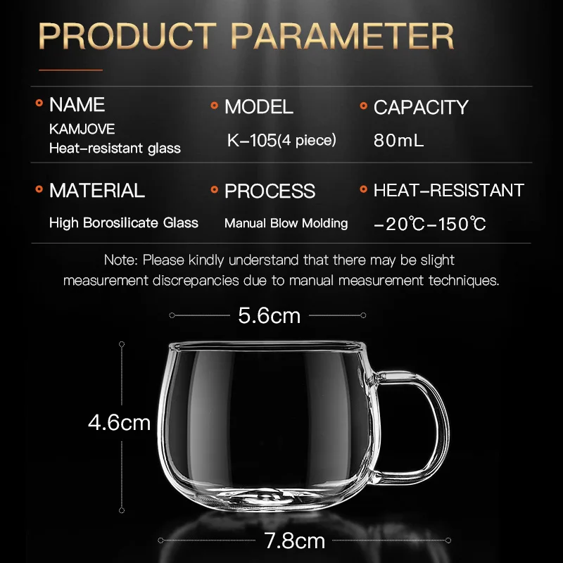 KAMJOVE Glass Tea Cup Thickened Handle High Borosilicate Heat Resistant Glass Cup Household Coffee Cup, Tea K-105 4-Cup Pack