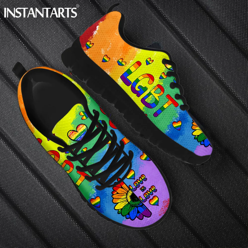 

INSTANTARTS Rainbow Coloe Sunflower LGBT Design Casual Running Sneakers for Women Breathable Soft Flat Shoes Light Sport Shoes