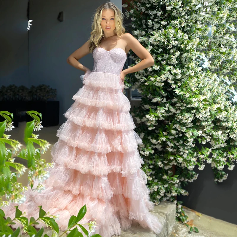 

UZN Elegant Pink A-Line Prom Dresses Sweetheart Sleeveless Evening Gowns Tulle Tiered Zipper Back Dreamy Party Dress 2023