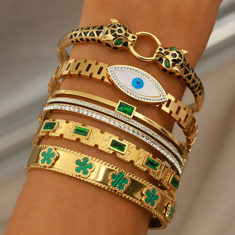 New Sight Stainless Steel Crystal Eyes Bangles&bracelets for Women Fashion Brand Jewelry Flower Leopard Bangle Party Accessories