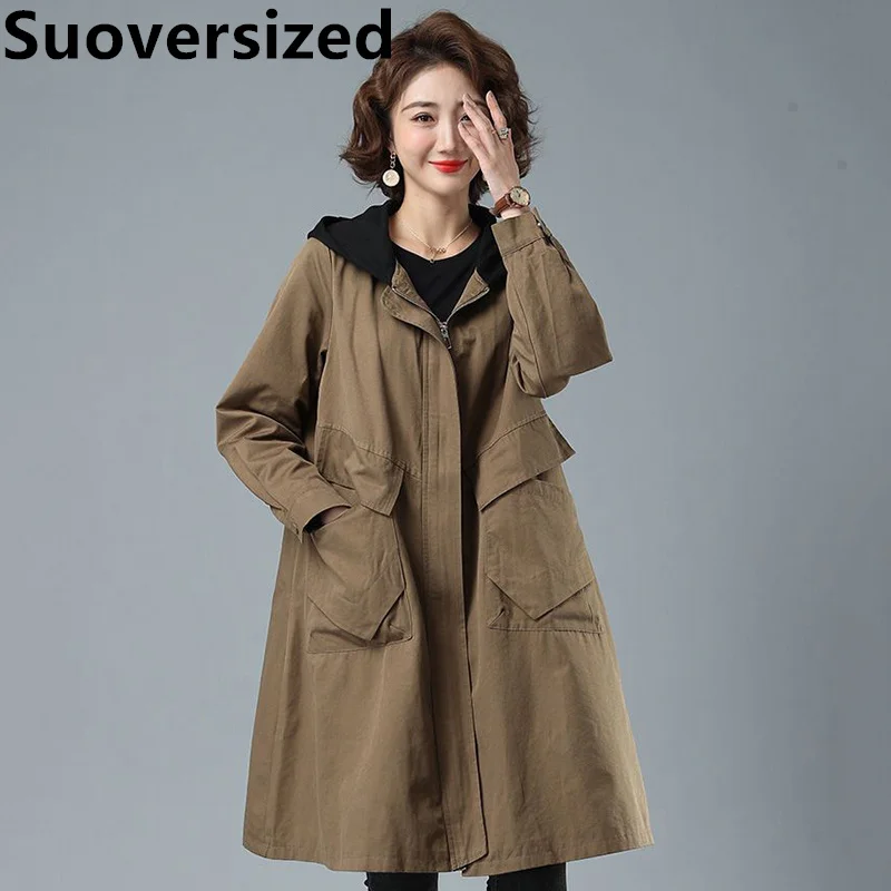 

Spring Fall Mid Length Spliced Hooded Trench Coat Oversized 4xl Casual Women's Overcoat Korean Fashion Loose Mom's Windbreaker