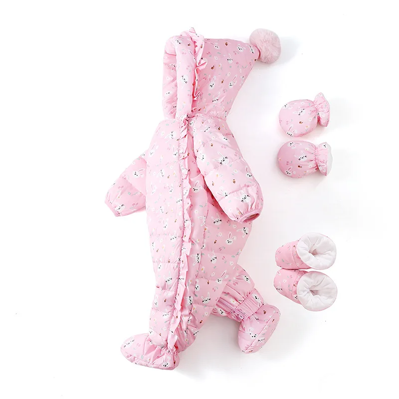 Newborn Baby Girl Jumpsuits Warm White Duck Down Rompers Infant Girls Rabbit Flower Overall Kids Outerwear Toddler Bodysuits