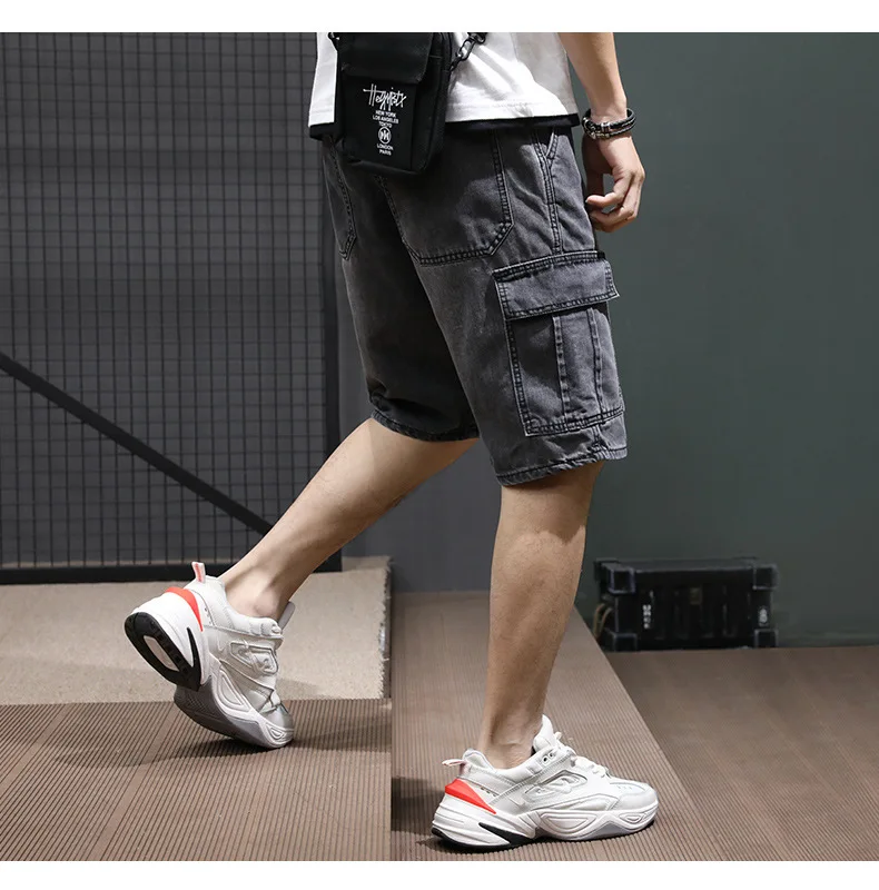 Summer Men\'s Fashion Pocket Baggy Jeans Shorts Loose Straight Capris Jeans For Men Streetwear Cargo Short Pants