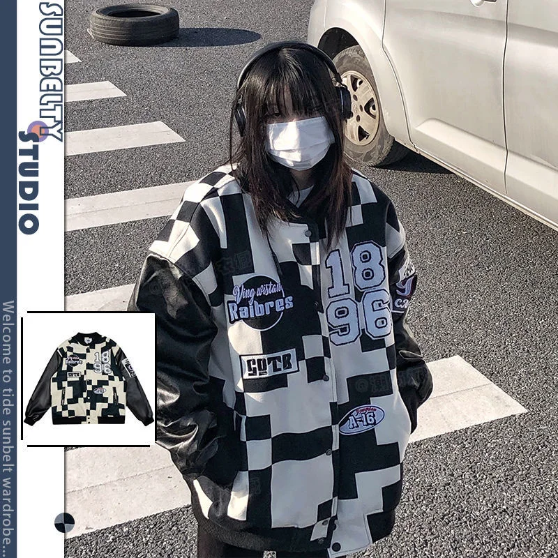 

American High Street Checkerboard Checker Jackets Machine Goth Baseball Korean Fashion Leather Jacket Harajuku Coat Women Coats