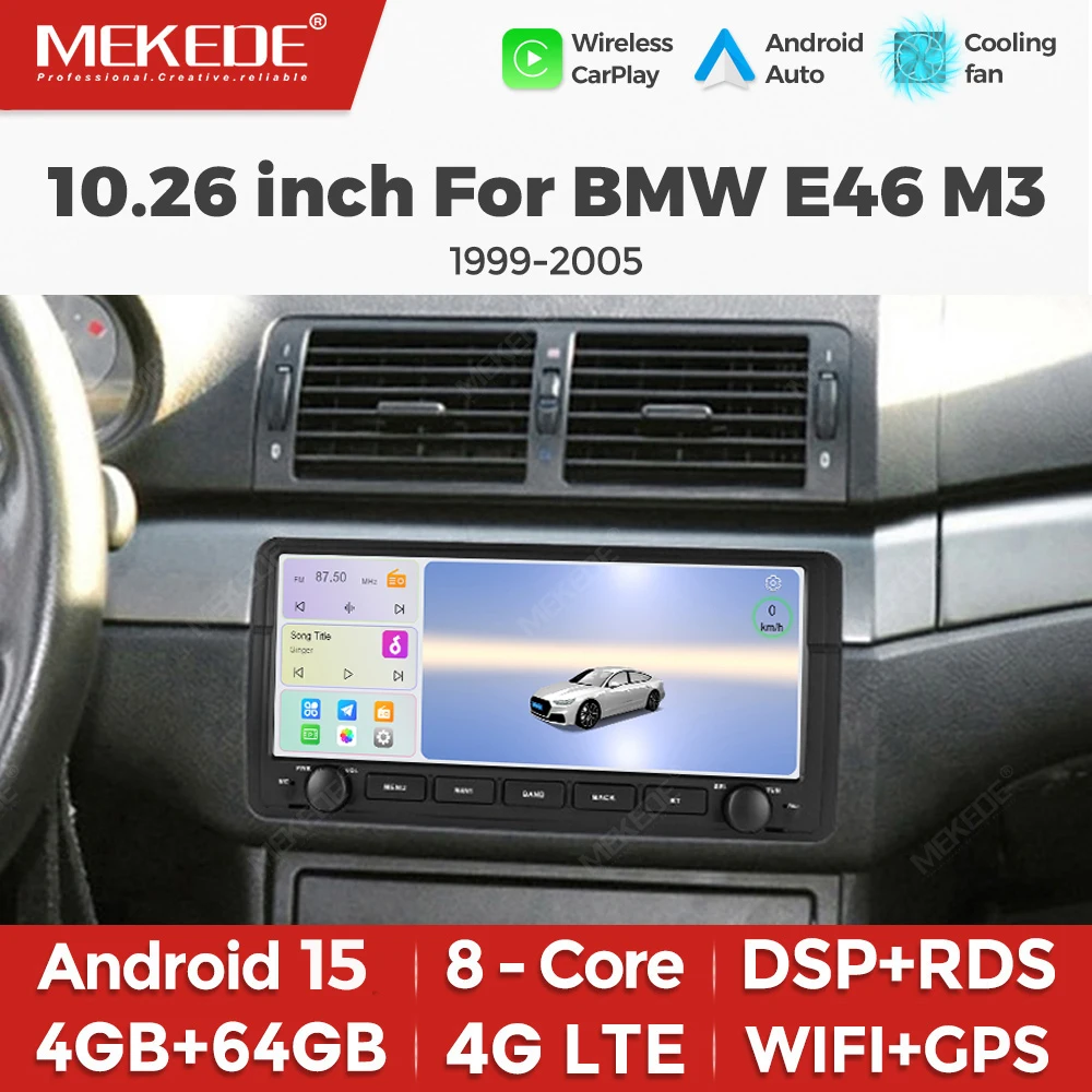 MEKEDE Radio estéreo para coche con pantalla de 10.26 pulgadas, 8 núcleos, 4G+64G, Android Auto, Carplay inalámbrico para BMW E46 M3 318/320/325/330/335 1998-2006, BT, DSP, 4G, WIFI, Android 15, Navegación GPS, Reproductor multimedia de vídeo para coche 1