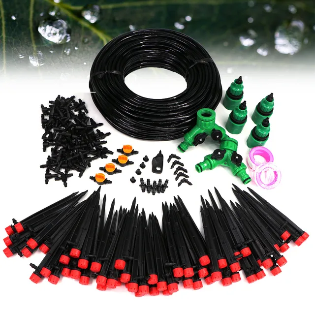 25-50M 13 Cm-Es Kerti Öntözőkészlet Rendszer 8 Lyukú Állítható Sprinkler A Konzolon 1/4 ' Main Line Tee Tap Adapterek Vége