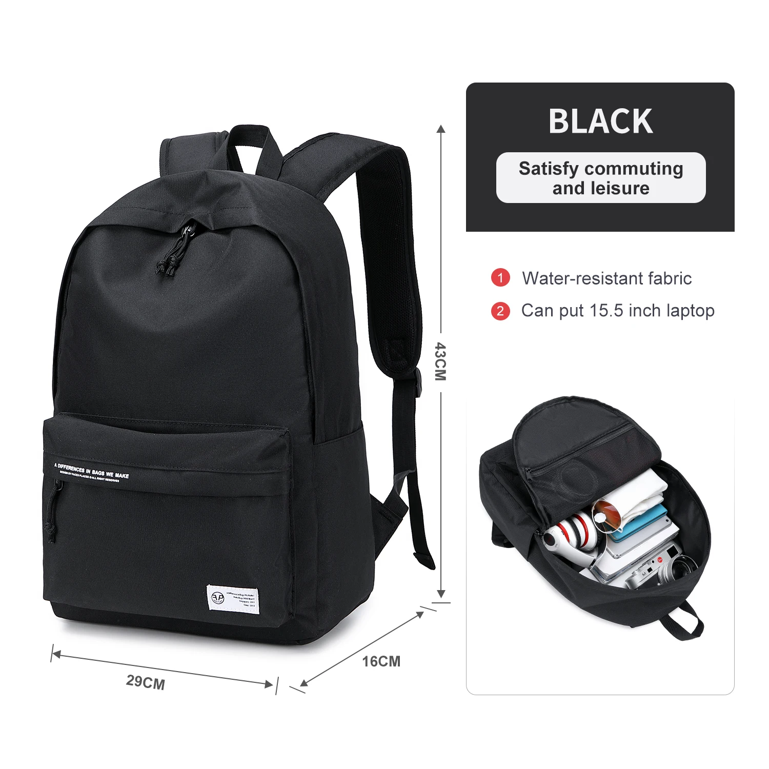 Large Capacity School Backpack for Girls Boys Nylon Lightweight Student Backpack School Bag, Black Classic Style Laptop Backpack