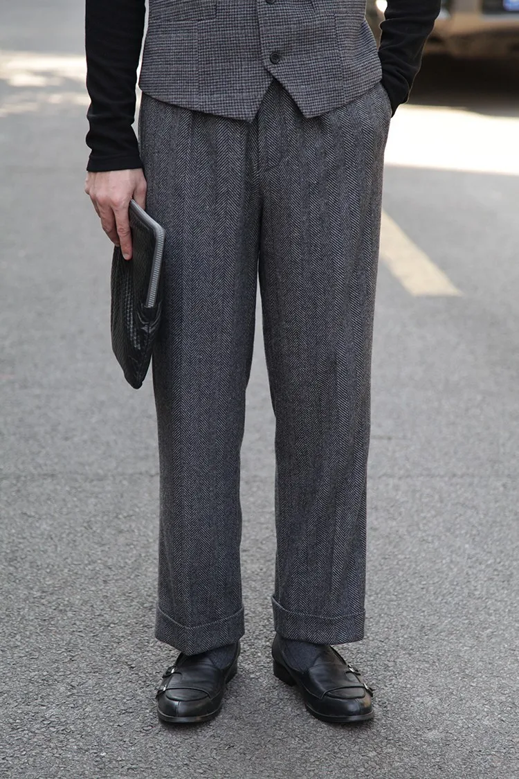 Herbst und Winter Herren Custom British European und American Style Herringbone Wool Straight-Leg Pants Street Style Loose Dress Pants – Detail 2